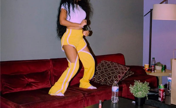 Women Fashion Yellow Striped Cut Out Pants