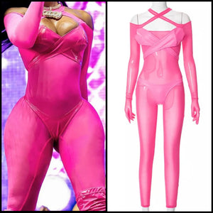 Women Sexy Pink Mesh Off The Shoulder Jumpsuit