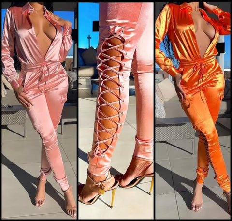 Women Sexy Solid Color Full Sleeve Two Piece Lace Up Pant Set