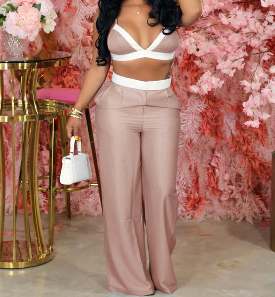 Women Sexy Sleeveless Color Patchwork Two Piece Pant Set