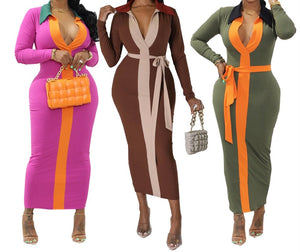 Women Sexy Color Patchwork Belted Ribbed Maxi Dress