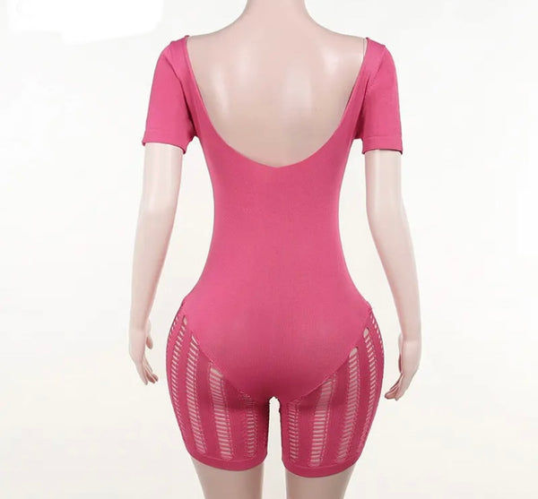 Women Solid Color Short Sleeve Hollow Out Sexy Romper