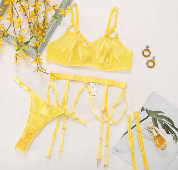 Women Yellow Mesh Sexy Lingerie Set