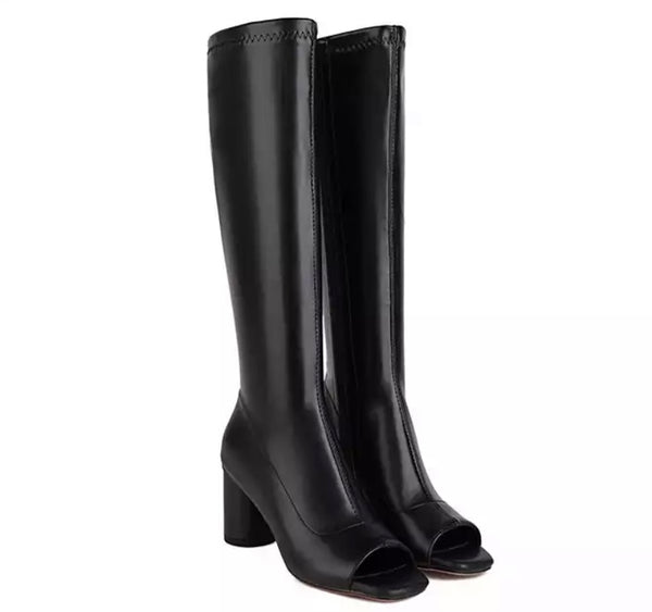 Women Peep Toe Patent Leather Knee High Boots