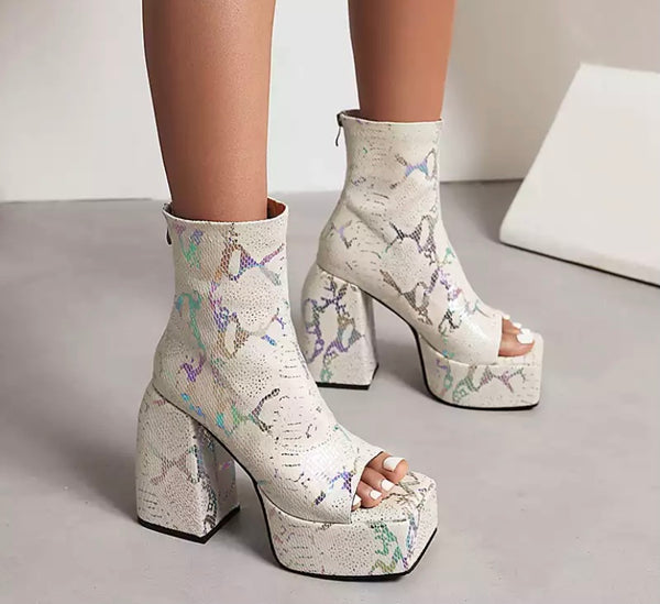 Women Peep Toe Platform Printed Fashion Ankle Boots