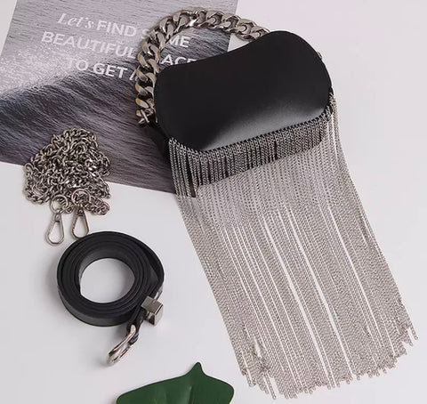 Women Fashion Black Chain Tassel Handbag Purse