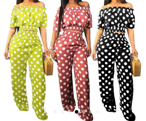 Women Fashion Polka Dot Off The Shoulder Two Piece Pant Set