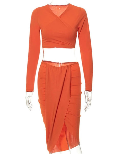 Women Sexy Orange Full Sleeve Ruched Crop Two Piece Skirt Set