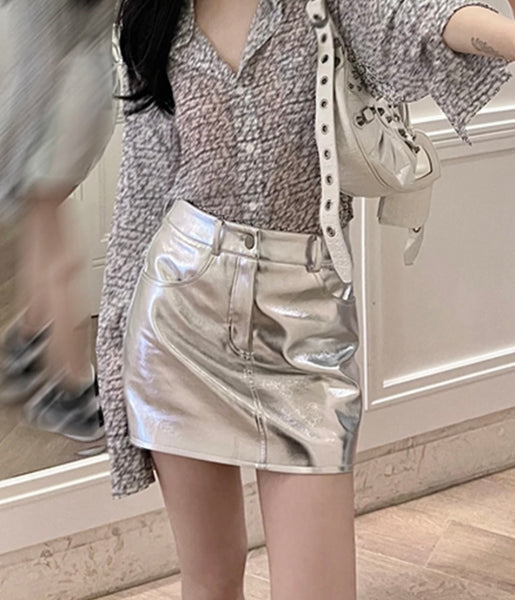 Women PU Metallic Fashion Skirt