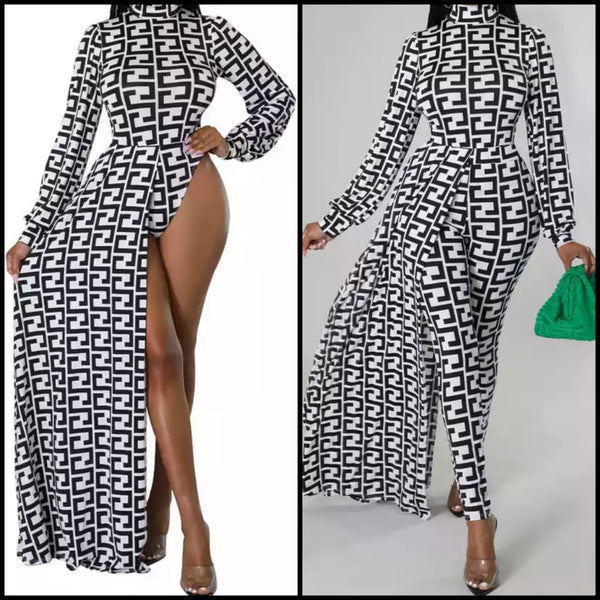 Women Printed Long Sleeve Asymmetrical Bodysuit Two Piece Pant Set