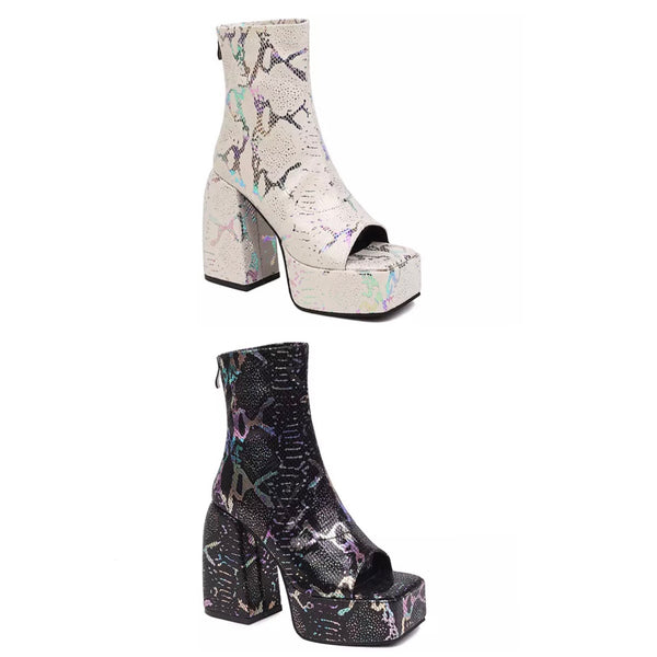 Women Peep Toe Platform Printed Fashion Ankle Boots