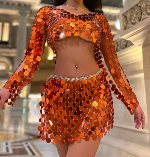 Women Sexy Orange Mirror Full Sleeve Chain Two Piece Skirt Set