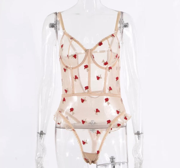 Women Sexy Nude Floral Mesh Bodysuit Lingerie