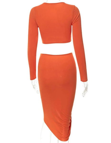 Women Sexy Orange Full Sleeve Ruched Crop Two Piece Skirt Set