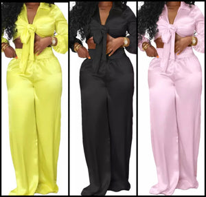 Women Sexy Solid Color Full Sleeve Two Piece Wide Leg Pant Set