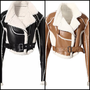 Women Fashion Warm Wool PU Buckled Crop Jacket