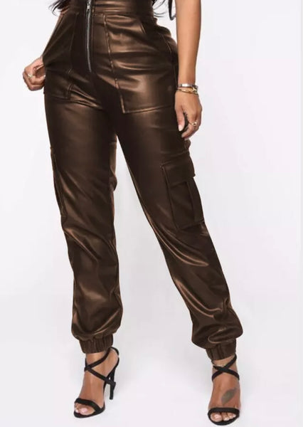 Women Fashion High Waist PU Pants