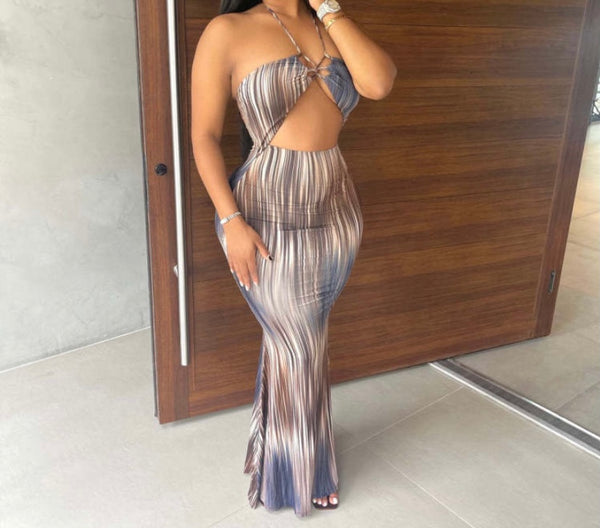 Women Printed Sexy Halter Cut Out Maxi Dress