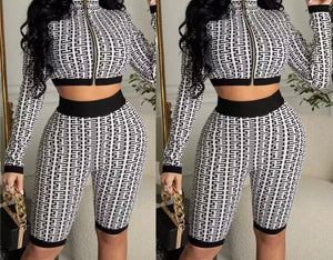 Women Printed Fashion Front Zipper Full Sleeve Crop Two Piece Short Set