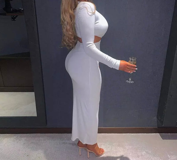 Women Sexy Long Sleeve Solid Color Hollow Out Maxi Dress