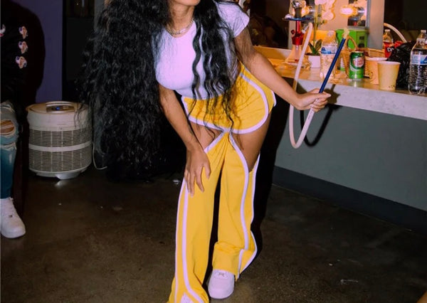 Women Fashion Yellow Striped Cut Out Pants