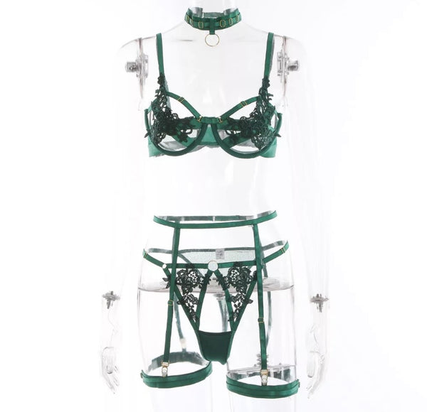 Women Sexy Green Floral Mesh Lingerie Set