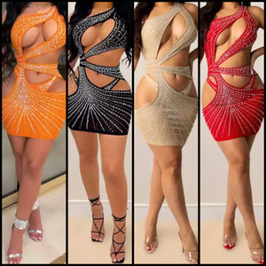 Women Sexy One Shoulder Sleeveless Bling Mesh Cut Out Dress