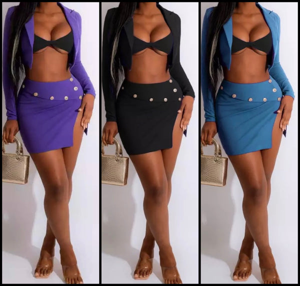 Women Sexy Two Piece Button Blazer Skirt Set