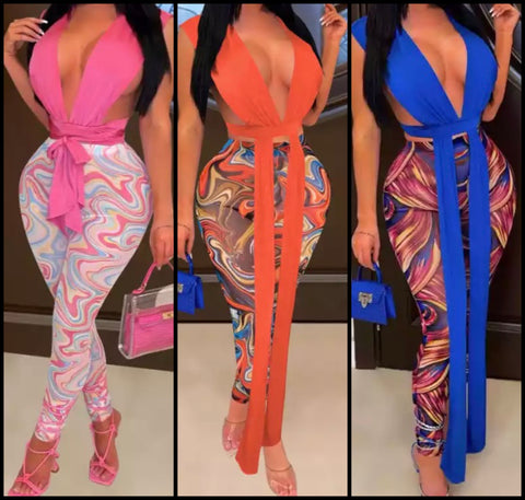 Women Sleeveless Sexy Two Piece Printed Pant Set