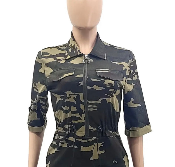 Women Camouflage Short Sleeve Pocket Drawstring Fashion Dress