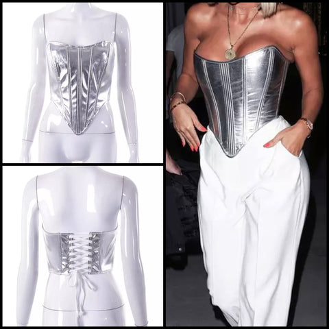Women Sexy Silver PU Corset Top