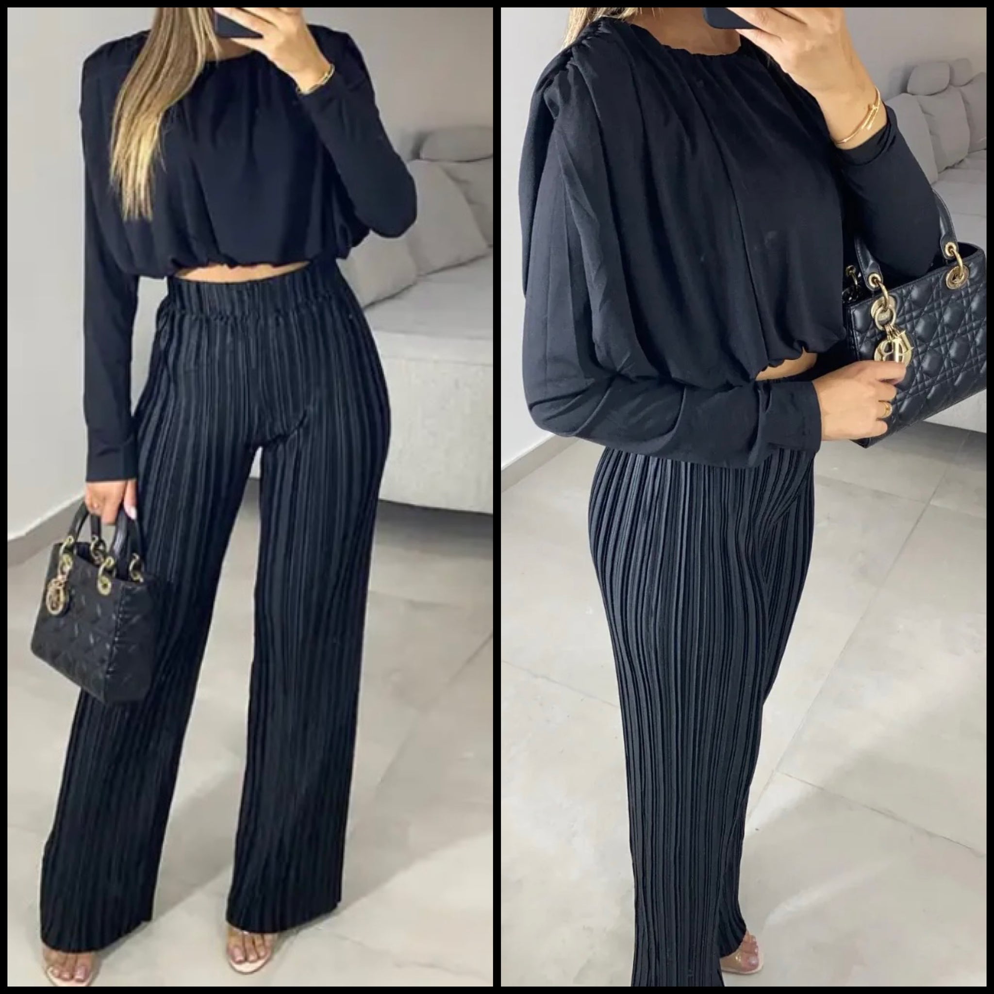 Women Solid Color Full Sleeve Crop Two Piece Pleated Pant Set