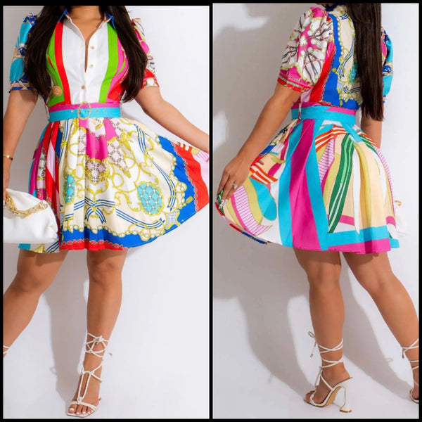 Women Sexy Multicolored Print Short Sleeve Pleated Dress