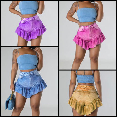 Women Ruffled Heart Pocket Fashion Denim Shorts