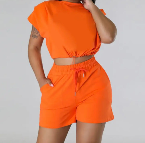 Women Drawstring Short Sleeve Two Piece Short Set