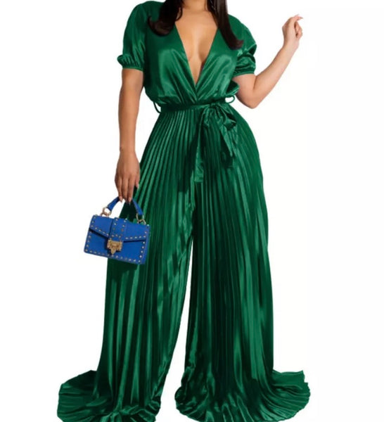 Women Sexy Short Sleeve Pleated Wide Leg Jumpsuit