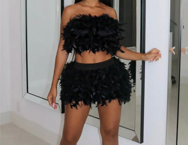 Women Sexy Strapless Black Feather Two Piece Skirt Set