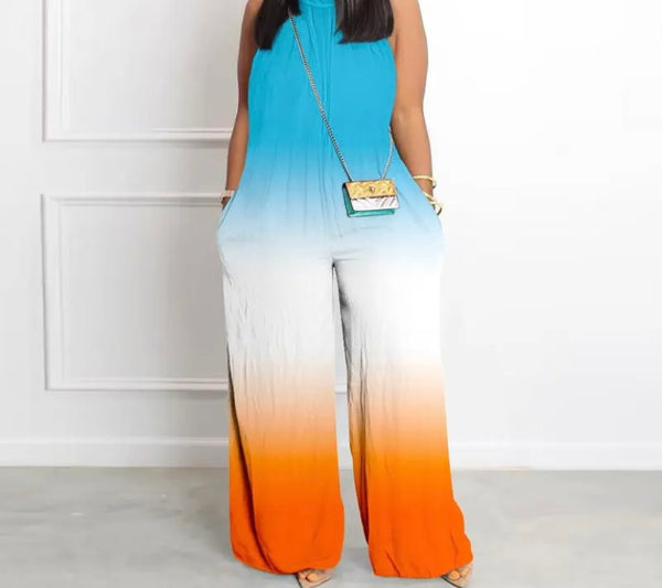 Women Sleeveless Tie Dye Pocket Wide Leg Fashion Jumpsuit