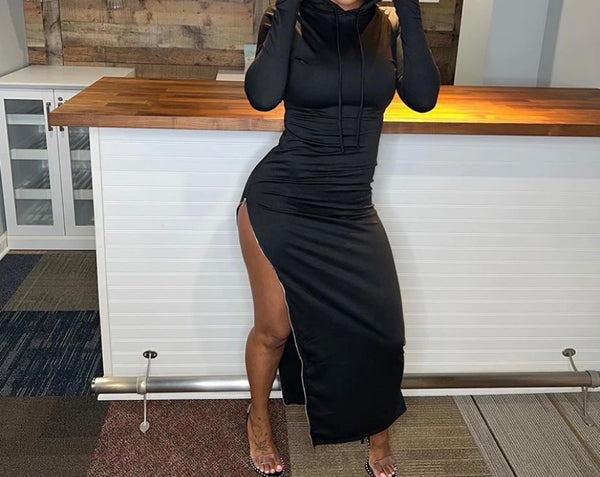 Women Fashion Hooded Side Zipper Full Sleeve Maxi Dress