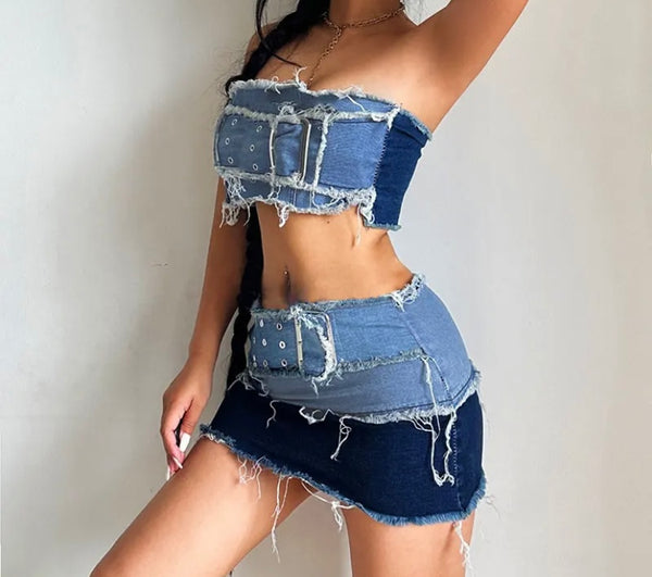 Women Buckled Strapless Color Patchwork Denim Two Piece Skirt Set