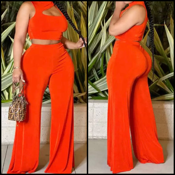 Women Sleeveless Solid Color Wide Leg Two Piece Pant Set