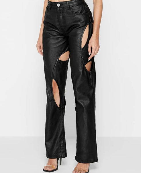 Women Sexy Fashion Faux Leather Cut Out Pants