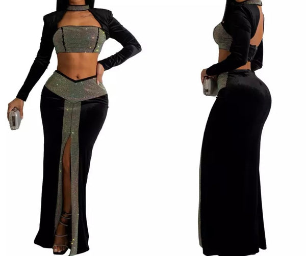 Women Sexy Two Piece Bling Velour Choker Full Sleeve Crop Maxi Skirt Set