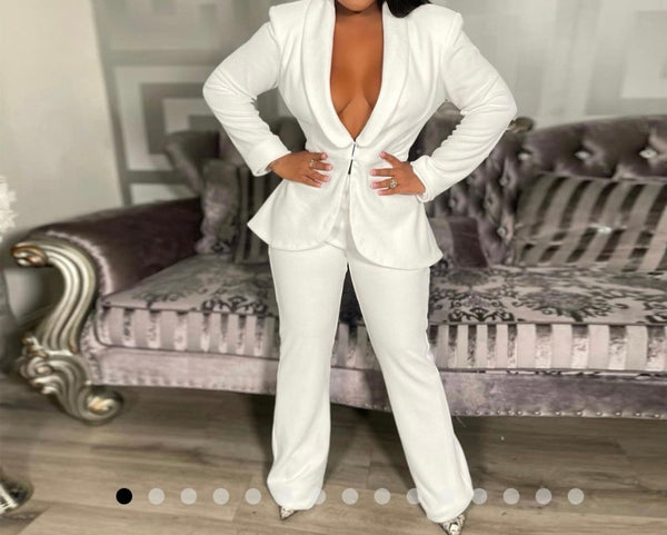 Women Sexy Solid Color Blazer Two Piece Pant Set