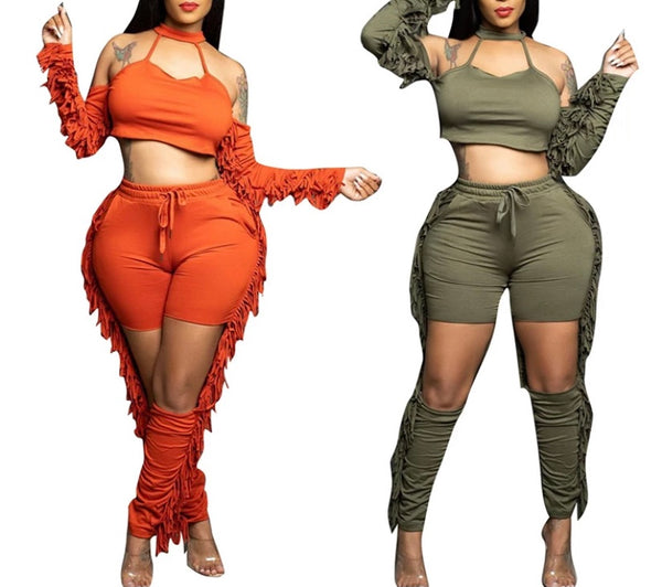 Women Fashion Cut Out Fringe Two Piece Crop Pant Set