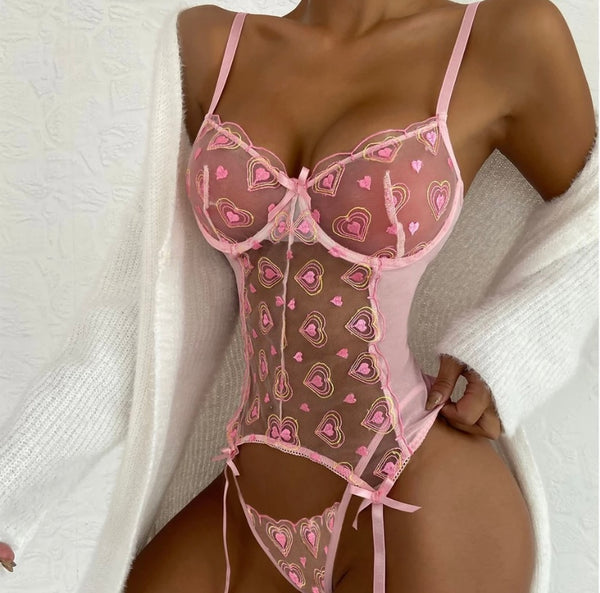 Women Heart Mesh Sexy Pink Lingerie Set