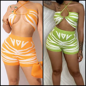 Women Sexy Printed Halter Two Piece Short Set