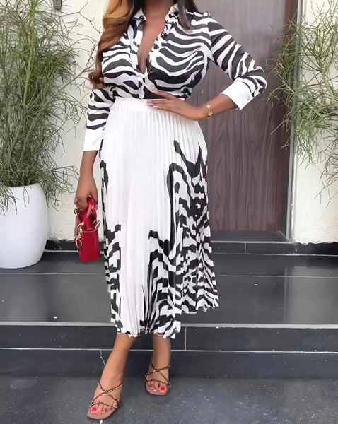 Women B&W Printed Button Up Full Sleeve Two Piece Pleated Maxi Skirt Set