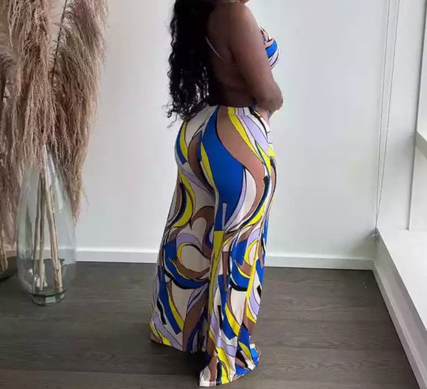 Women Sexy Multicolored Print Halter Wide Leg Jumpsuit