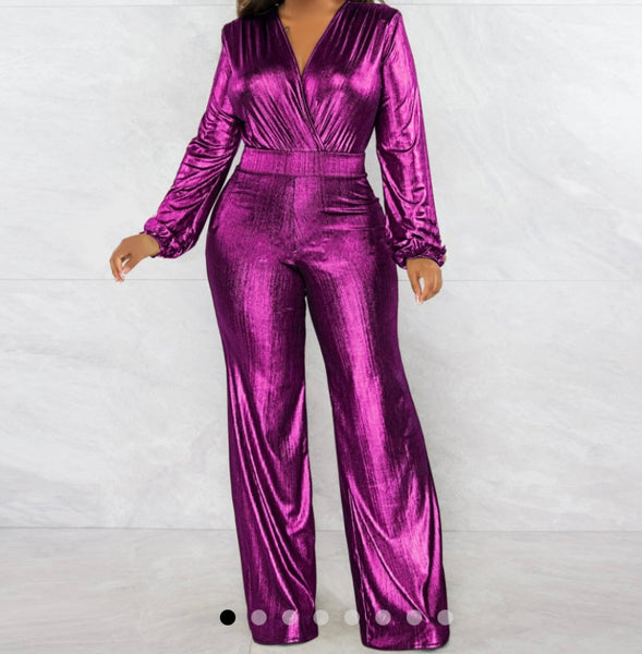 Women Sexy Metallic Full Sleeve V-Neck Jumpsuit